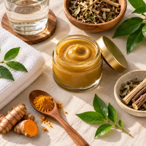 Flat-lay of Ayurvedic skin care essentials for a psoriasis flare ups routine