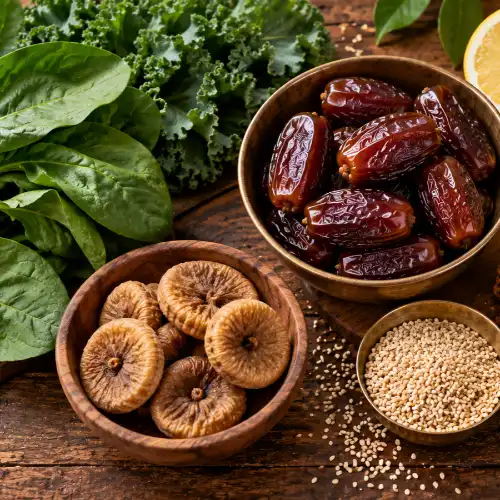 Flat-lay of dates for blood with figs, leafy greens, sesame seeds and citrus for iron absorption
