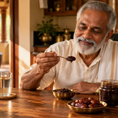 Man taking a spoonful of date lehyam, a traditional dates for blood tonic in Kerala