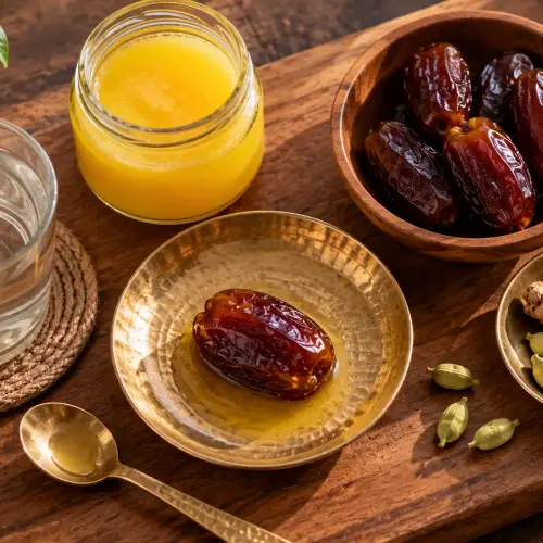 Flat-lay of dates soaked in ghee with ghee jar, spices and warm water for a morning routine