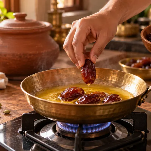 Preparing dates soaked in ghee by warming pitted dates in gentle ghee
